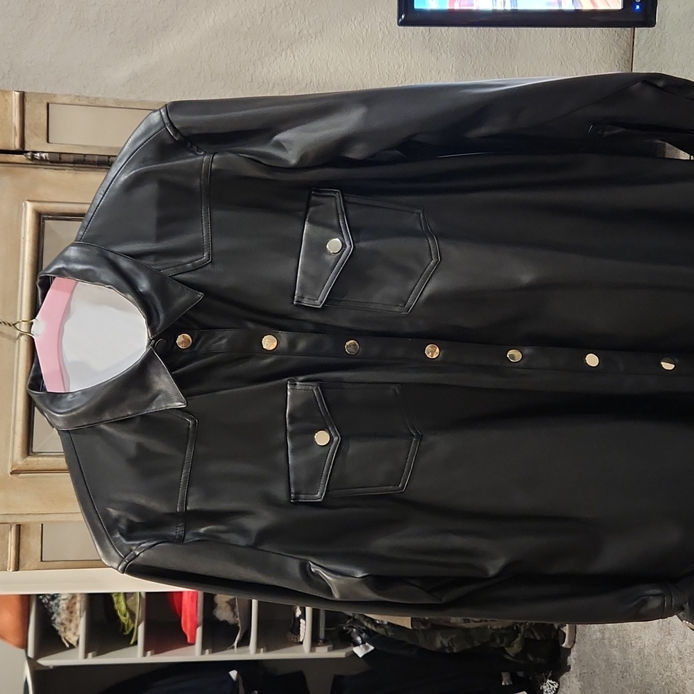 Faux Leather Shirt Jacket